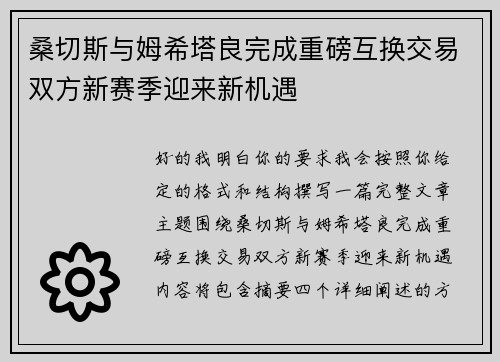 桑切斯与姆希塔良完成重磅互换交易双方新赛季迎来新机遇